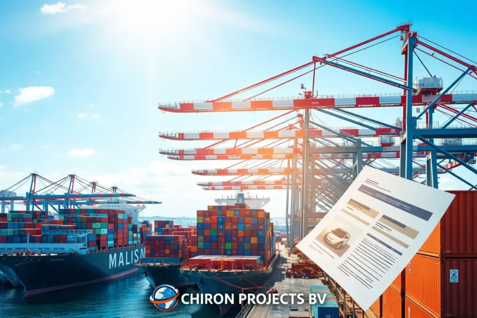 Cargo ships at international port with containers and trade finance document representing import export financing and global trade operations
