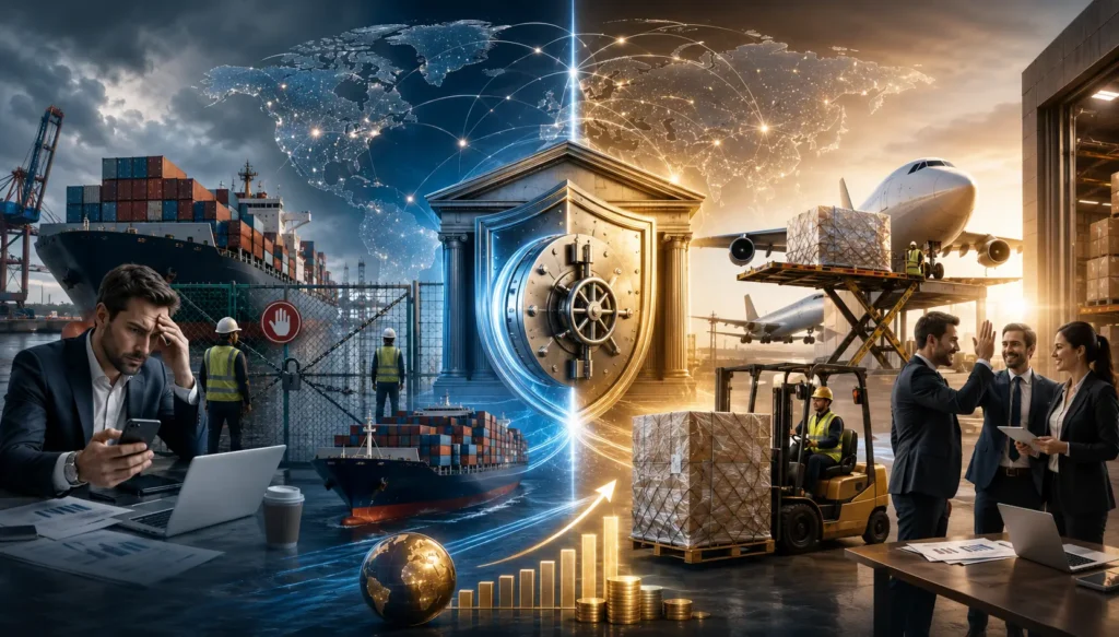 International trade and logistics network illustrating cargo release, shipping operations, warehouse distribution, and supply chain efficiency.