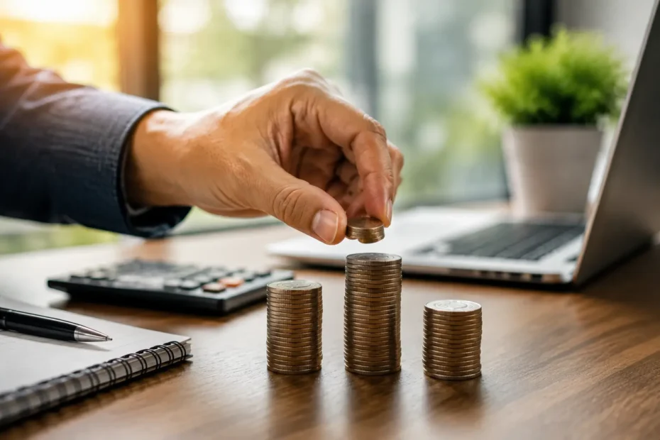Business professional comparing a business loan and business line of credit while reviewing financial reports in a modern office, representing business financing decisions and cash flow management.