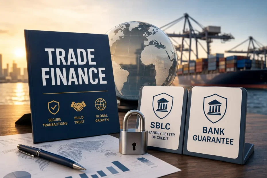 Trade finance concept with SBLC and Bank Guarantee supporting secure international trade and project finance