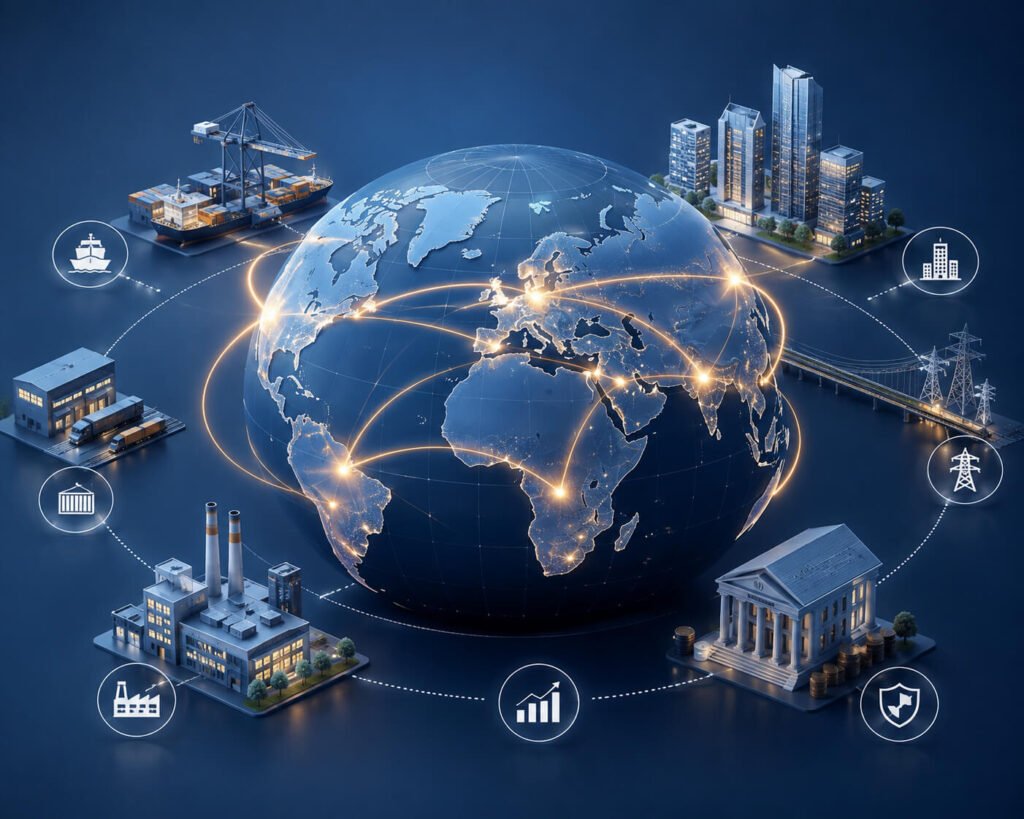 Global business ecosystem illustration showing international trade, project financing, infrastructure development, and financial connections